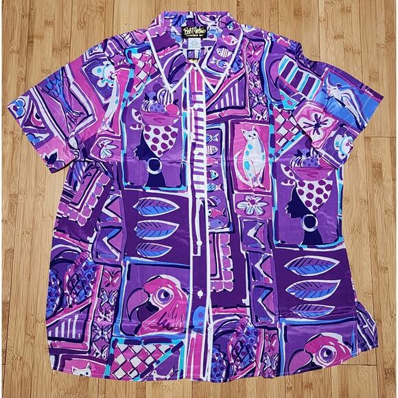 Bob Mackie Wearable Art Silk Shirt Purple Pink Cat Parrot Monkey Print 1X PLUS - Picture 1 of 10